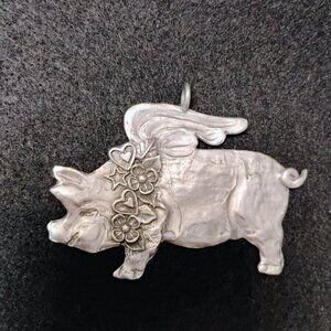 Marcie Preisler Flying Pig Pewter Pendant With Hearts & Flowers Handmade Signed